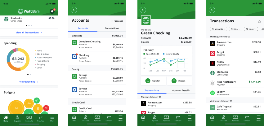 UX UI mobile app design example. This image shows 4 mobile screen designs for the WaFd Banking App 